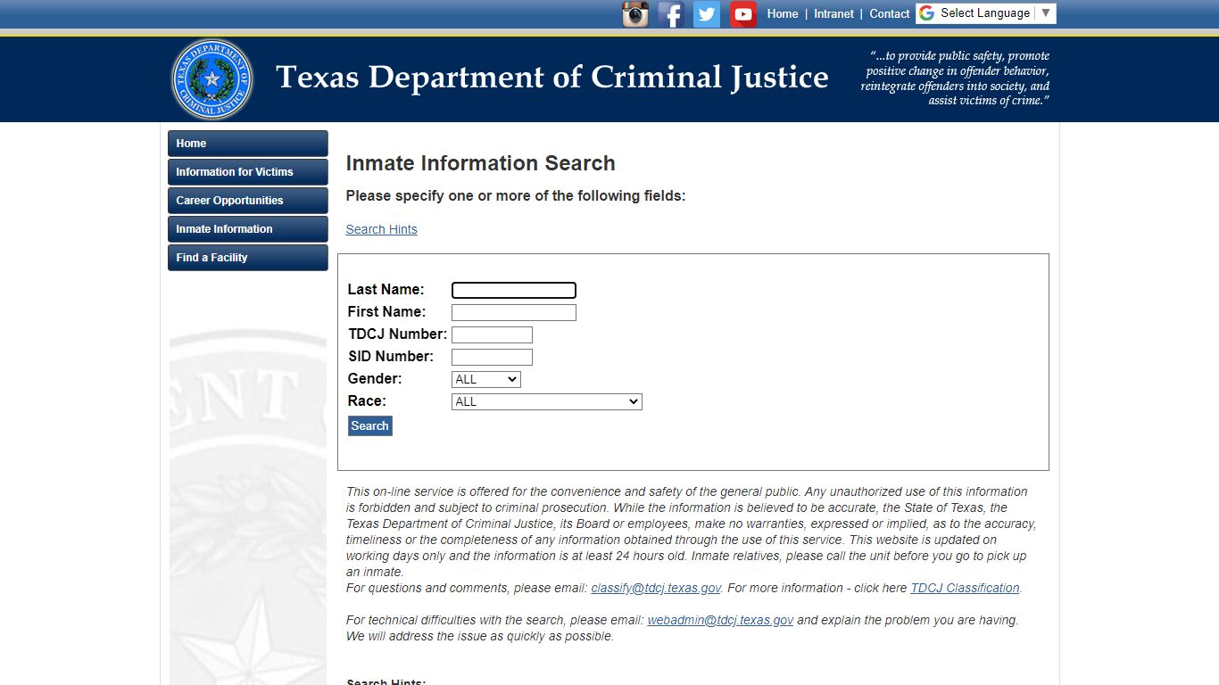 Texas Department of Criminal Justice Inmate Search